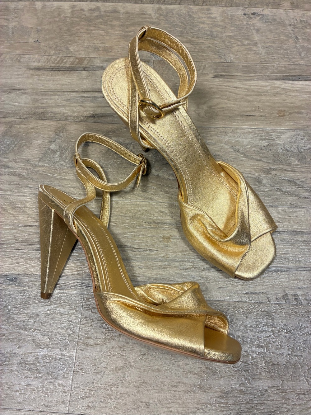 Maje Gold Leather Twisted Ankle Strap Cone Heel Sandals